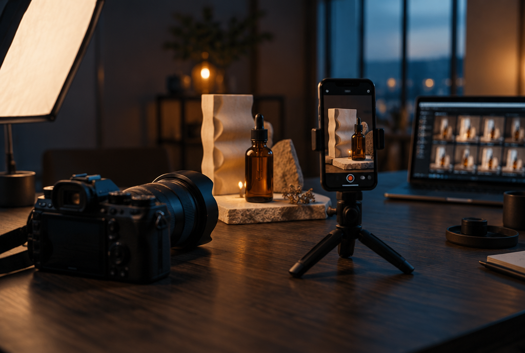 Illustratieve contentshoot met camera, smartphone en product