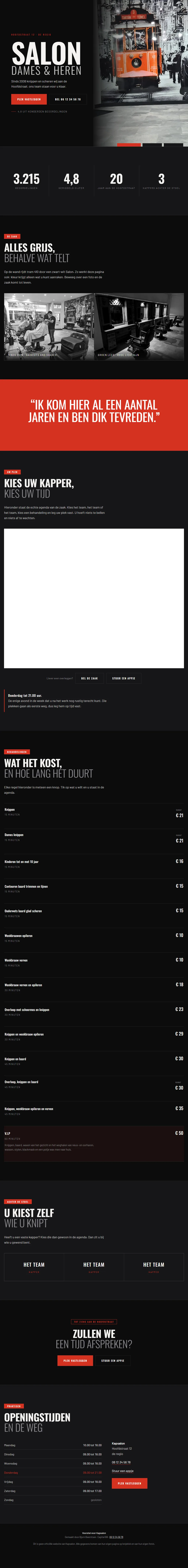 Demosite voor een kapsalon op een laptop: zwart-wit interieurfoto met rode accenten. Naam en gegevens zijn vervangen.