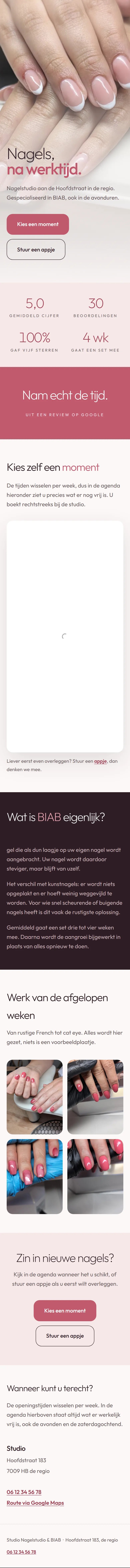 Demosite voor een nagelstudio op een telefoon: lichte fotocollage van nagels met de kop Nagels, na werktijd. Gegevens zijn vervangen.