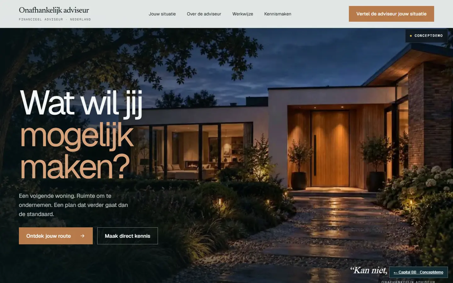 Interactieve websiteconcept met de kop Wat wil jij mogelijk maken, navigatie en keuzeknoppen