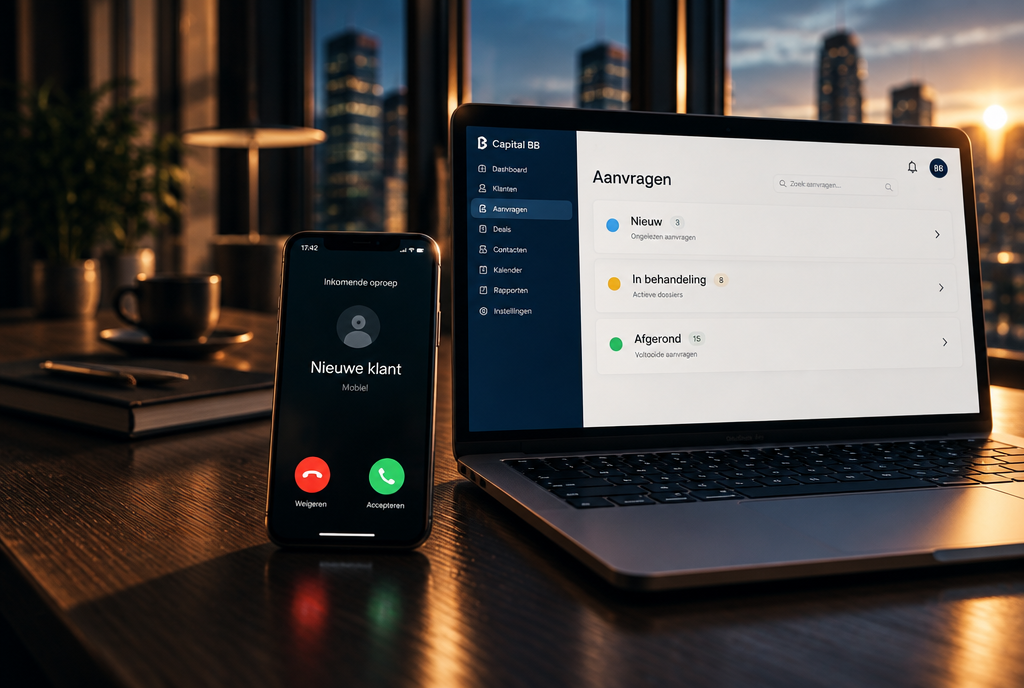 Illustratie van een laptop met CRM en een telefoon